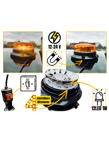 Rundumleuchte 4 Blitzmuster 12V 24V ECE R65 R10 E9 Magnet und Lampenstift SET