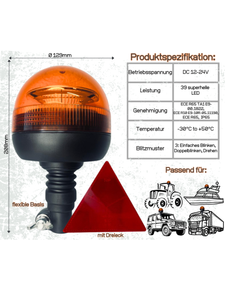 Rundumleuchte orange, Warnleuchte LED 12V 24V 3 Funktionen R65 mit Dreieck