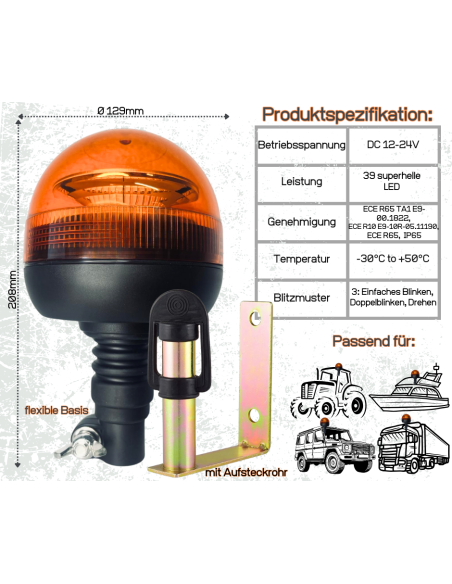 Rundumleuchte orange Warnleuchte flexiblem Fuß LED mit Aufsteckrohr Halterung U