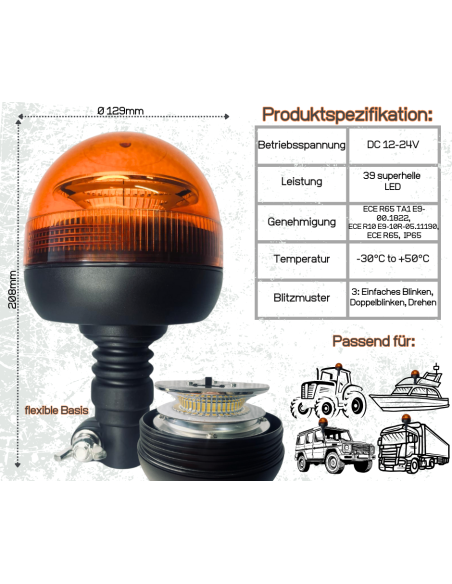 Rundumleuchte orange, Warnleuchte mit flexiblem Fuß LED 12V 24V 3 Funktionen R65