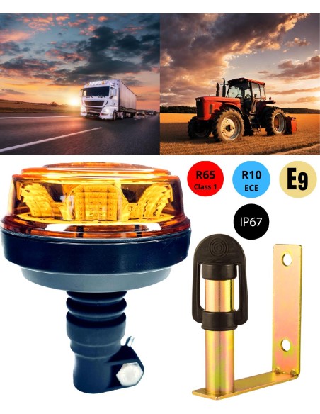 LED Rundumleuchte  mit 4 Blitzmuster 12V 24V ECE R65 R10 E9 mit Halterung