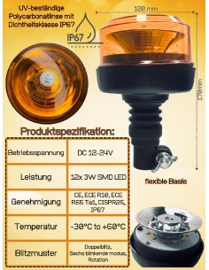 Rundumleuchte Warnleuchte LED 12-24V E9 ECE 10 R65 mit 3 Beleuchtungsmodi
