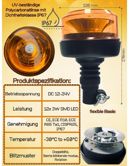 Rundumleuchte Warnleuchte LED 12-24V E9 ECE 10 R65 mit 3 Beleuchtungsmodi