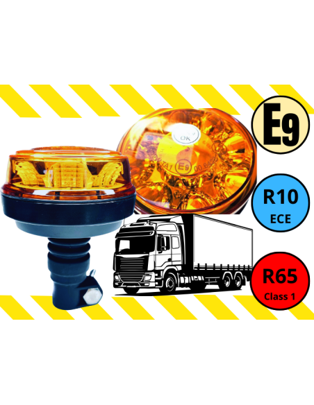 LED Rundumleuchte  mit 4 Blitzmuster 12V 24V ECE R65 R10 E9 mit Aufsteckrohr