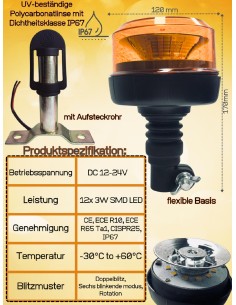 Rundumleuchte Warnleuchte LED 12-24V E9 ECE 10 R65 mit Halterung T 2