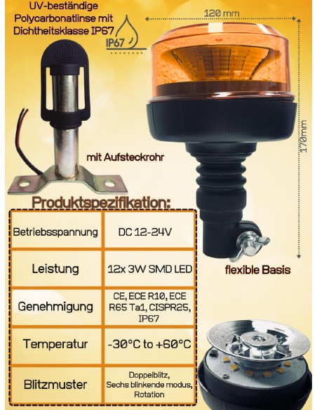 Rundumleuchte Warnleuchte LED 12-24V E9 ECE 10 R65 mit Halterung T