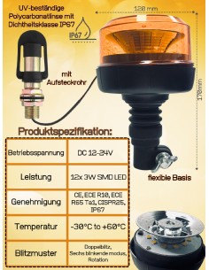 Rundumleuchte Warnleuchte LED 12-24V E9 ECE 10 R65 mit Halterung I