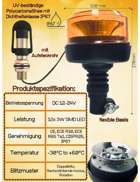 Rundumleuchte Warnleuchte LED 12-24V E9 ECE 10 R65 mit Halterung I