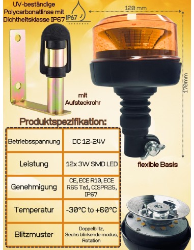 Rundumleuchte Warnleuchte LED 12-24V E9 ECE 10 R65 mit Halterung U