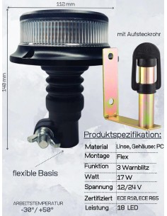 Orange weiß 18 LED Rundumleuchte 3 Blitzmuster 12V 24V ECE R65 R10 + Halterung U