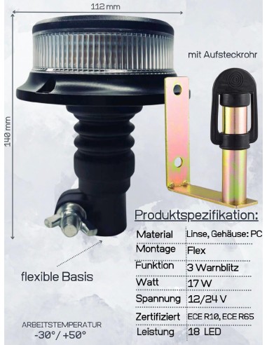 Orange weiß 18 LED Rundumleuchte 3 Blitzmuster 12V 24V ECE R65 R10 + Halterung U