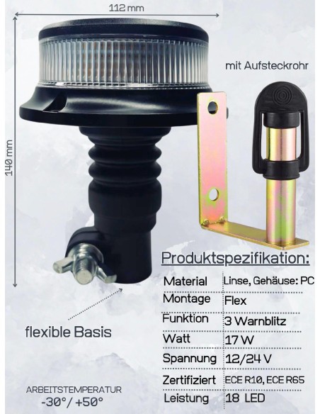 Orange weiß 18 LED Rundumleuchte 3 Blitzmuster 12V 24V ECE R65 R10 + Halterung U
