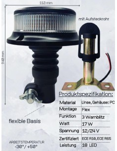 Orange weiß 18 LED Rundumleuchte 3 Blitzmuster 12/24V ECE R65 R10 + Halterung T