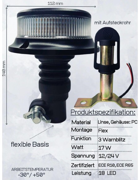 Orange weiß 18 LED Rundumleuchte 3 Blitzmuster 12/24V ECE R65 R10 + Halterung T