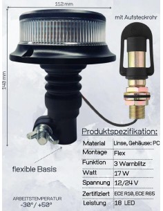 Orange weiß 18 LED Rundumleuchte 3 Blitzmuster 12/24V ECE R65 R10 + Halterung I