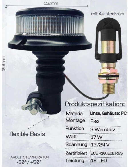 Orange weiß 18 LED Rundumleuchte 3 Blitzmuster 12/24V ECE R65 R10 + Halterung I