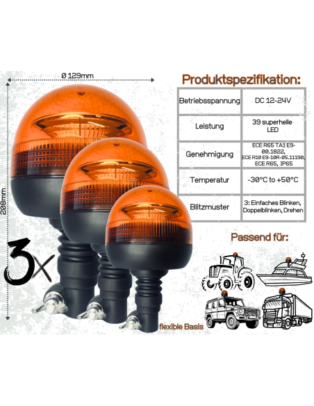 Rundumleuchte orange, Warnleuchte mit flexiblem Fuß LED 3 Funktionen R65 3 Stück