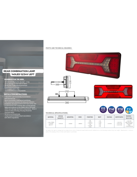 Heckleuchte Rücklicht 140LED 12/24V links
