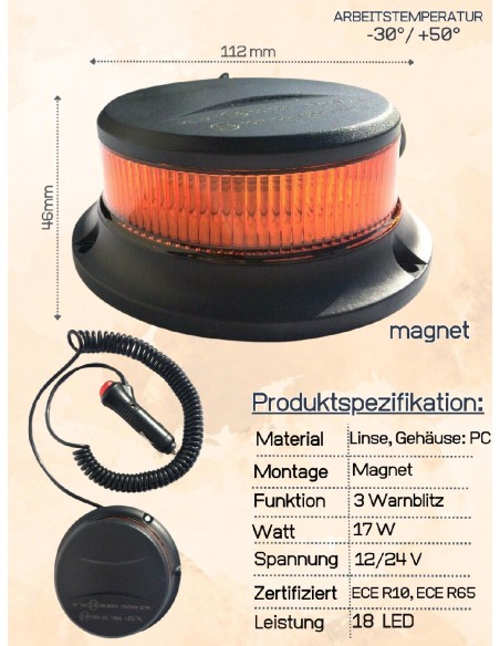 Orange Rundumlicht 18 LED mit ECE R65 R10 Magnet 3Blitzmuster 12/24V Warnleuchte