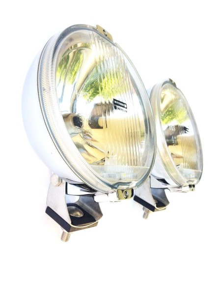 2x Rund H3 Halogen Fernscheinwerfer mit 24V LED Ring Chrom ø183mm mit Glühbirnen