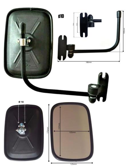 Außenspiegel Rückspiegel Seitenspiegel ø10 175x125 m. Spiegelarm  Spiegelhalter