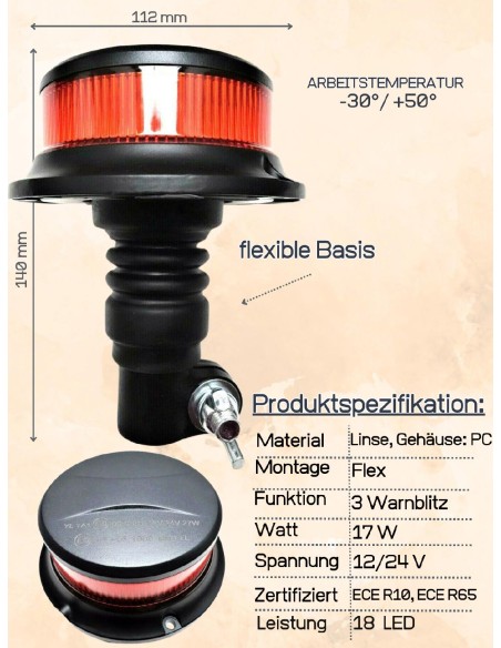 Orange 18 LED Rundumleuchte 3 Blitzmuster 12V 24V mit ECE R65 R10 E9 Warnleuchte