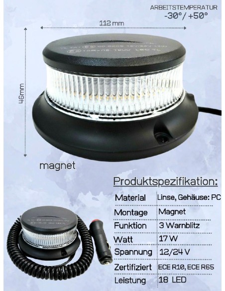 Orange weiß 18 LED Rundumleuchte 3 Blitzmuster 12V 24V ECE R65 R10 E9 Magnet