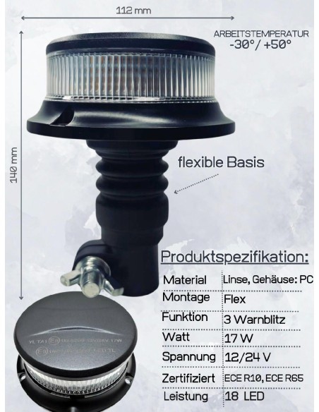 Orange weiß 18 LED Rundumleuchte 3 Blitzmuster 12V 24V ECE R65 R10 Warnleuchte