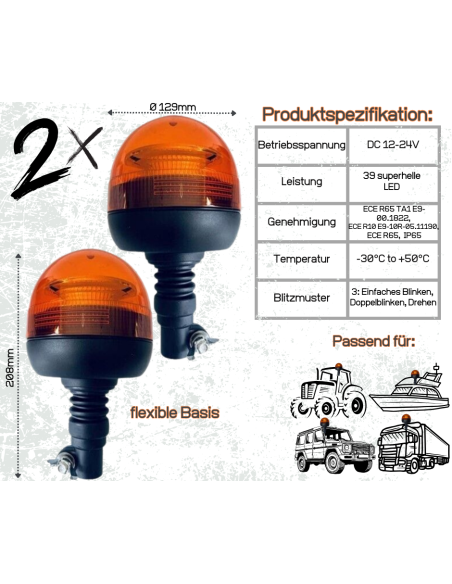 2x Orange 45 LEDs Rundumleuchte Warnleuchte 12V 24V R65 R10 E9  3 Funktionen