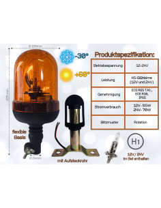 Rundumleuchte 12V / 24V H1 flexibler Fuss Warnleuchte mit Aufsteckrohr T