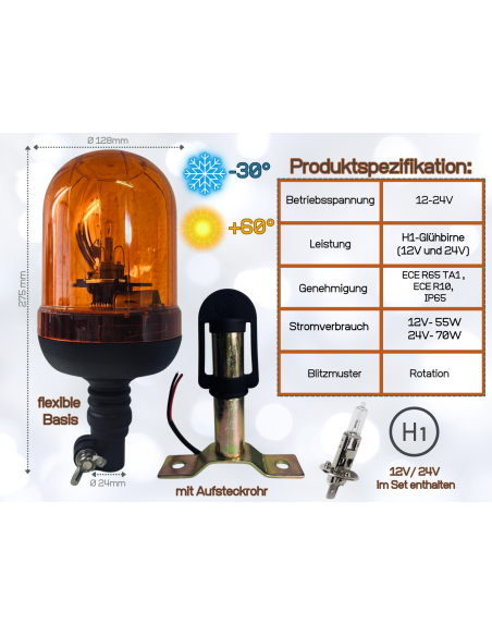 Rundumleuchte 12V / 24V H1 flexibler Fuss Warnleuchte mit Aufsteckrohr T