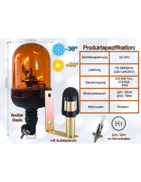 Rundumleuchte 12V / 24V H1 flexibler Fuss Warnleuchte mit Aufsteckrohr U