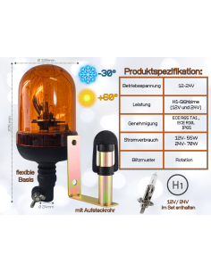 Rundumleuchte 12V / 24V H1 flexibler Fuss Warnleuchte mit Aufsteckrohr U 2